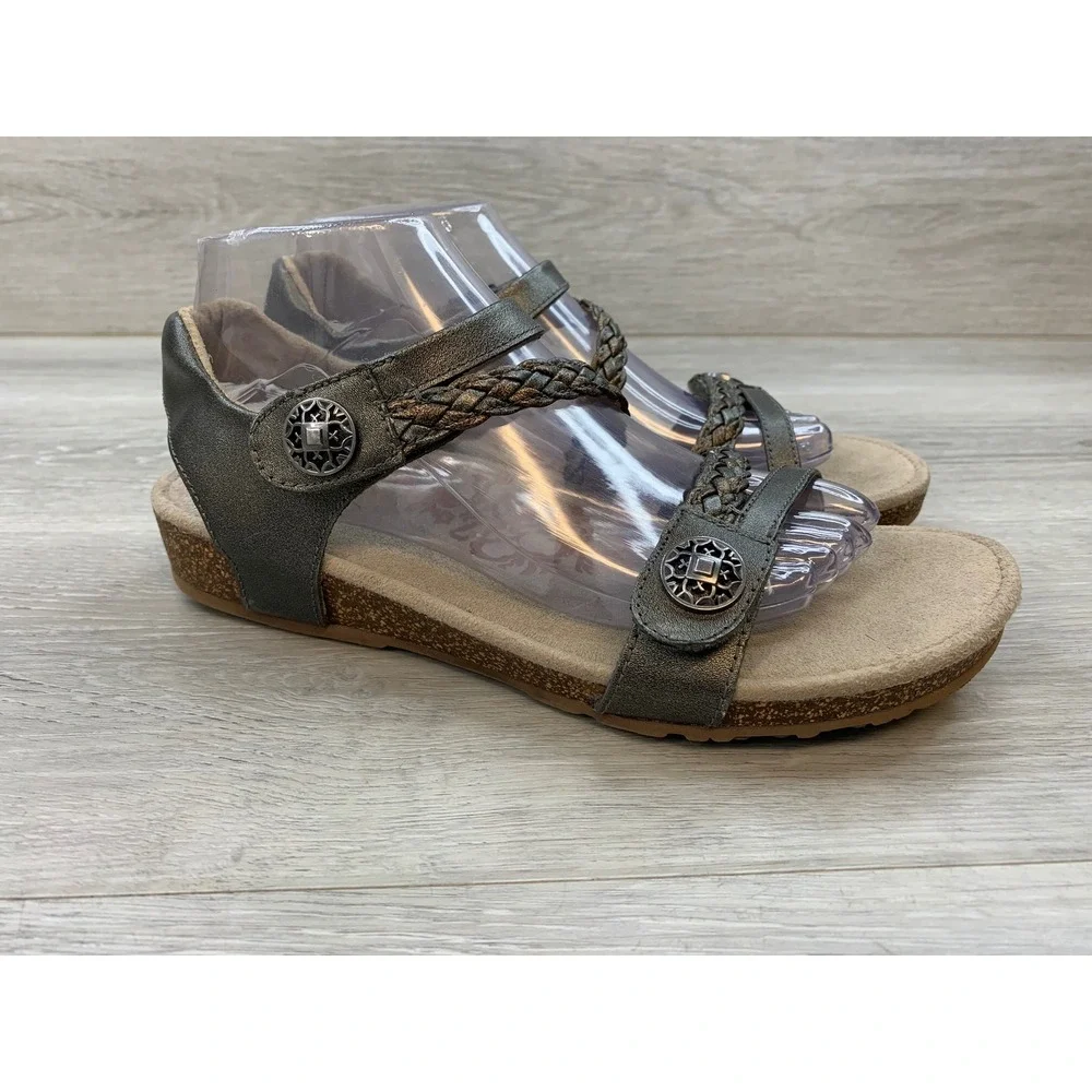 Aetrex Jillian  Women's Metallic Pewter Leather Braided Strappy Sandals 9 Shoes
